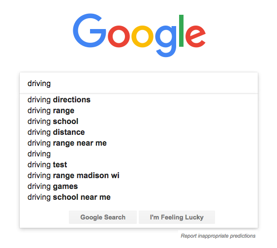 Google suggest for a driving school search