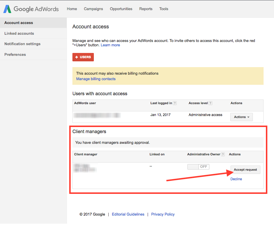 AdWords Approve Request