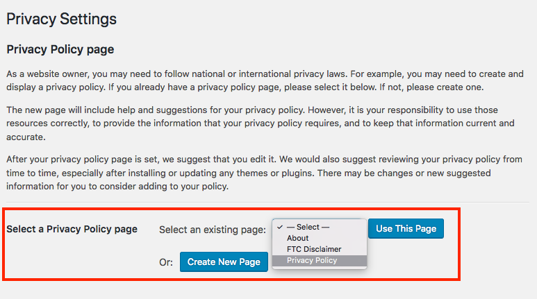 Go into Settings > Privacy to set your privacy policy page