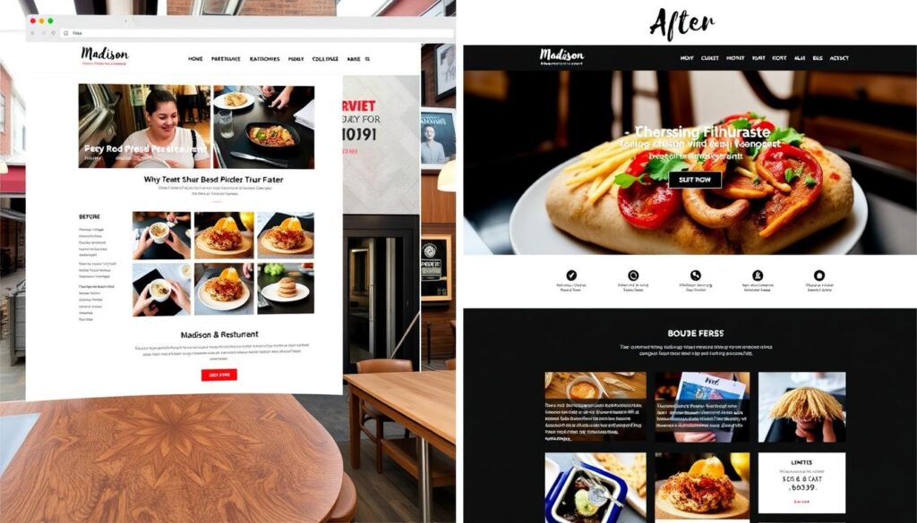 Before and after website redesign for a Madison restaurant showing modern improvements Before and after website redesign for a Madison restaurant showing modern improvements