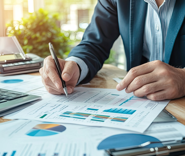 Businessman analyzing financial reports.