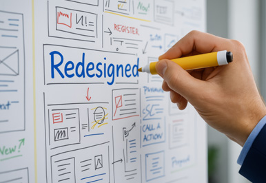 Hand writing 'Redesigned' on board