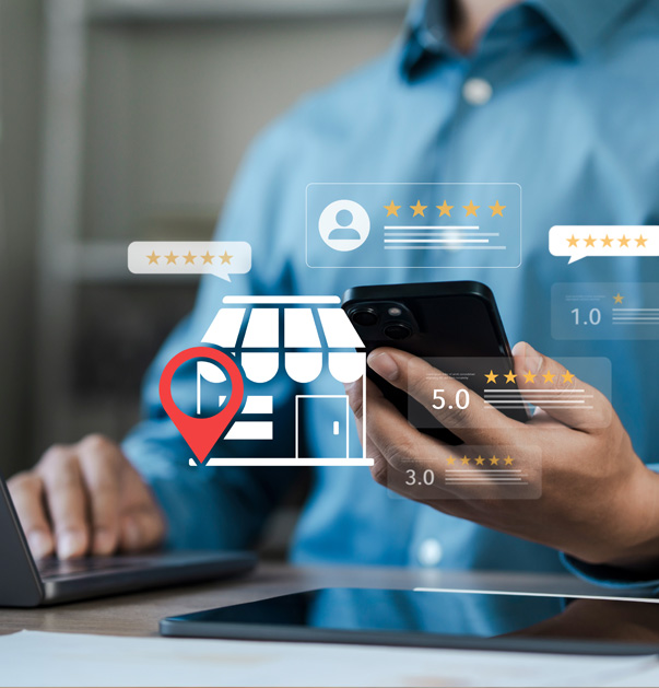 Person using smartphone for reviews
