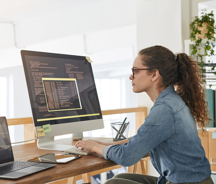 Person coding at a computer desk