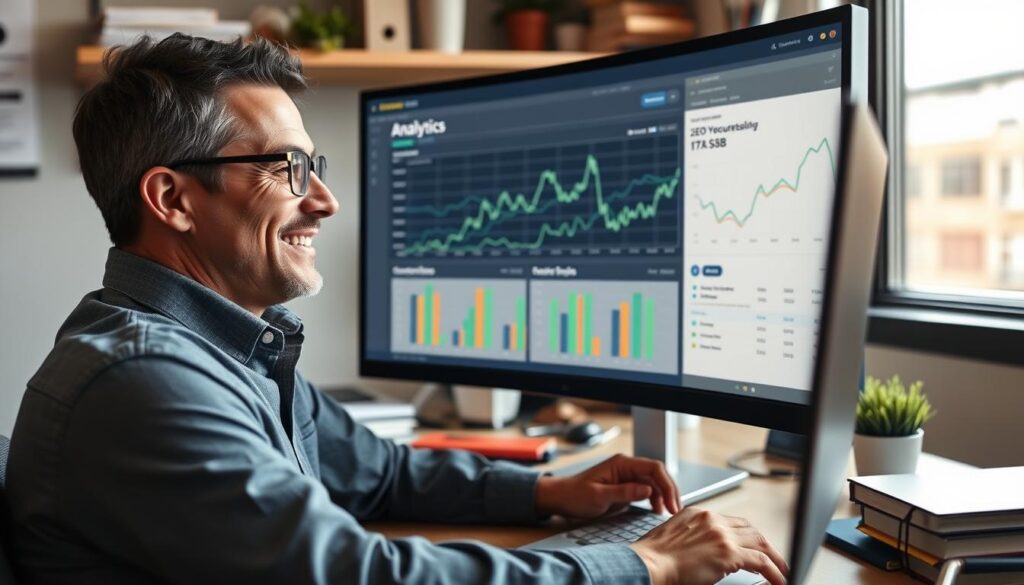 Small business owner looking at SEO analytics on computer showing improved website rankings